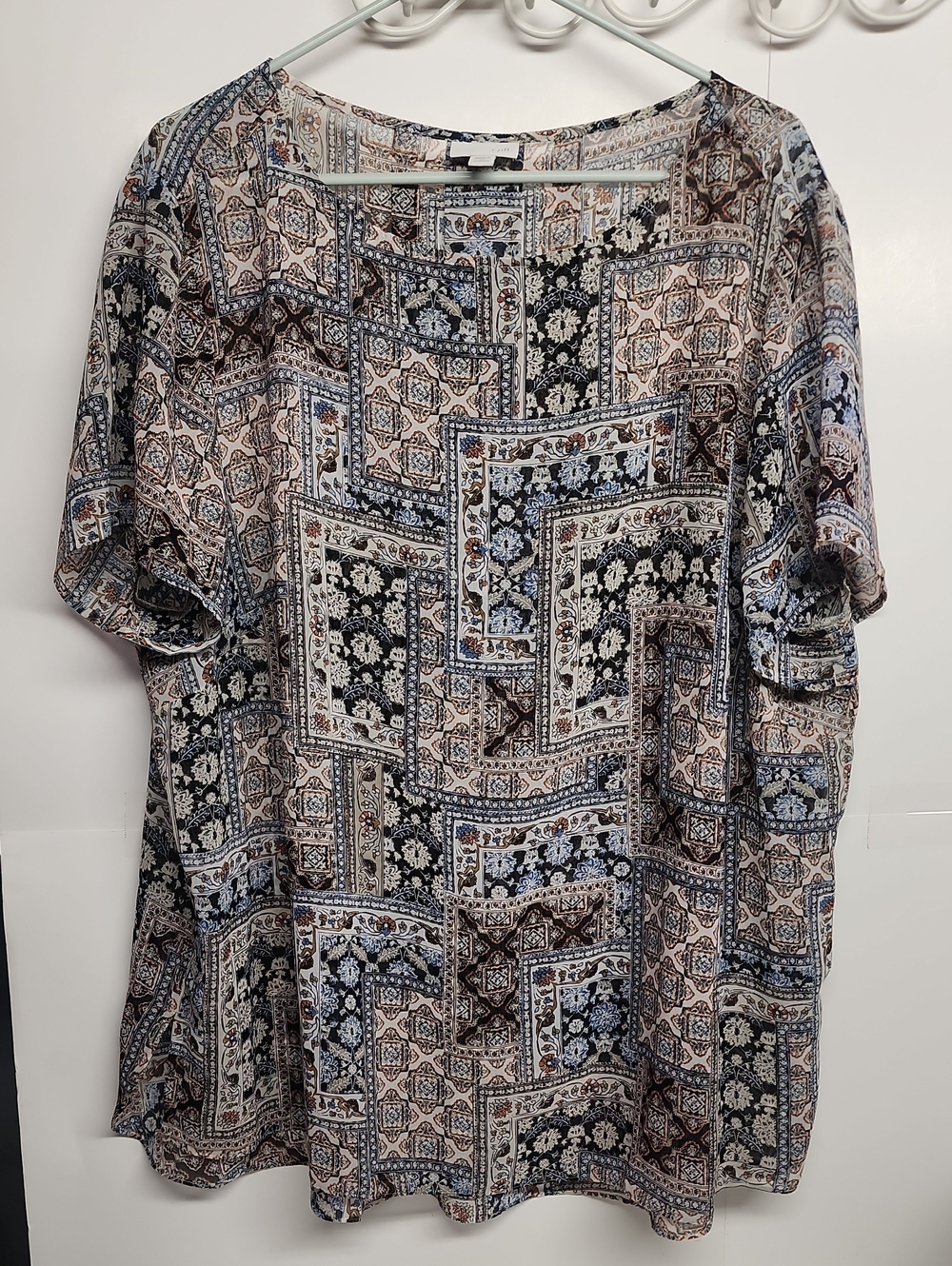 J. Jill Boho Patchwork Print Top - Sheer Blue & Brown Sz 3X Beautiful Feminine